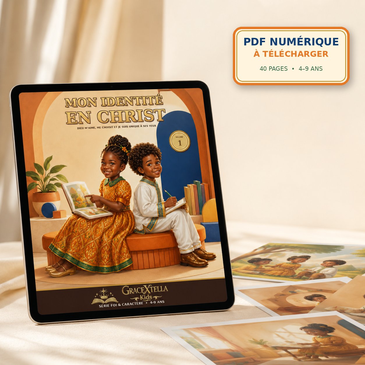 Livre Mon Identité en Christ affiché sur une tablette, avec des illustrations de la série
